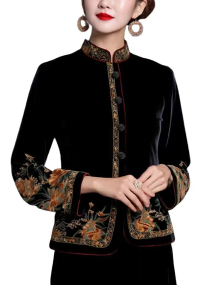 Black Print Button Silk Coats Long Sleeve