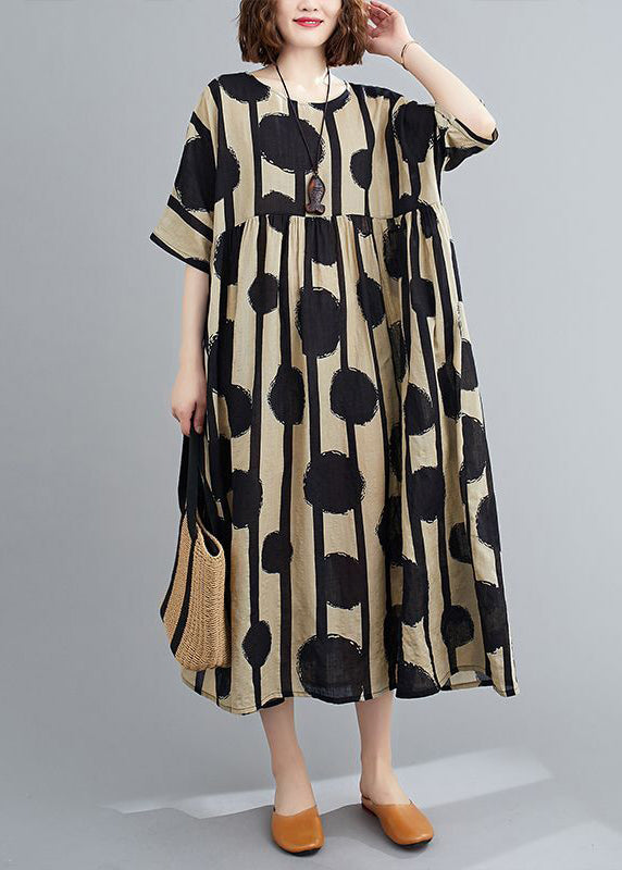 Black Print Cotton Long Dress O-neck Exra Large Hem Summer