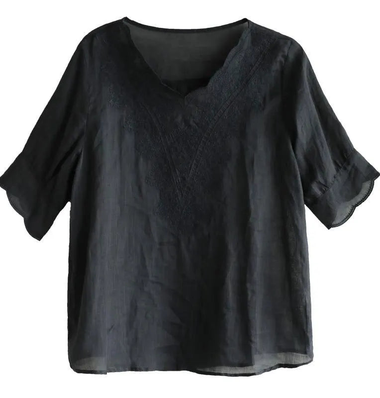 White Lace Linen Short Sleeve Blouses