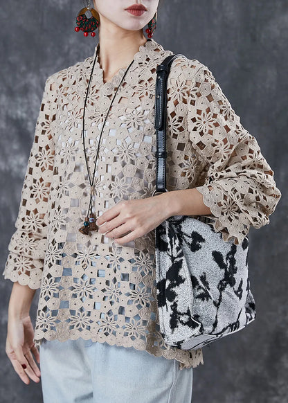 Style Beige Embroidered Hollow Out Smock Spring