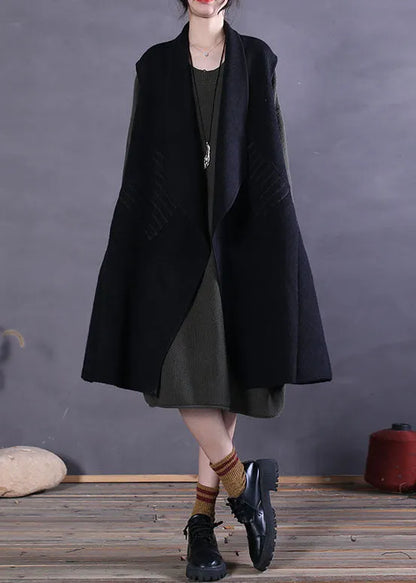 Black Peter Pan Collar Patchwork Woolen Tanks Sleeveless