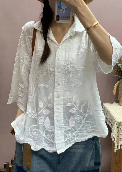 White Embroidered Cotton Top Half Sleeve