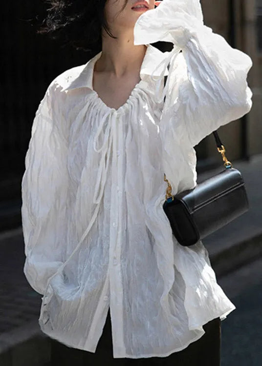 White Peter Pan Collar Wrinkled Neck Tie Button Shirts Long Sleeve