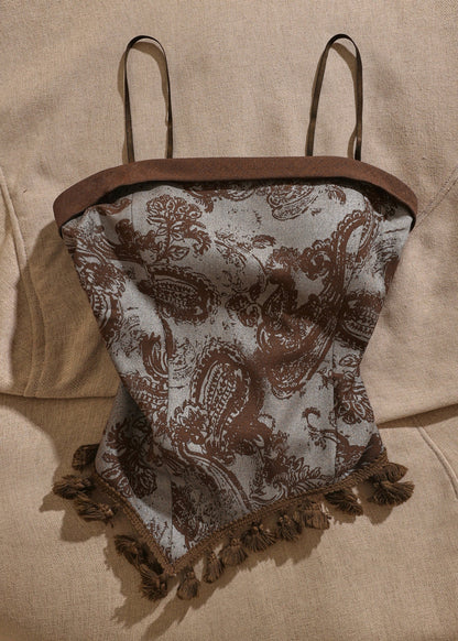 Retro Brown Slash Neck Print Patchwork Tank Sleeveless