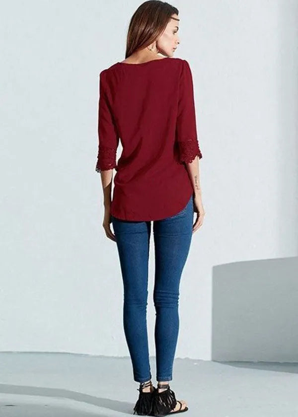 V-neck Pleated Lace Patchwork Three Quarter Sleeve Blouse