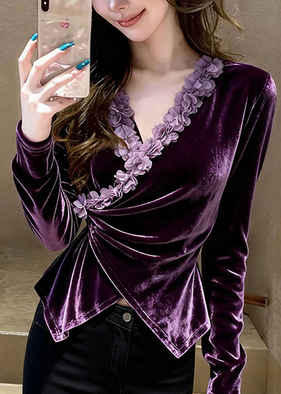 Purple V Neck Velour Shirts Spring