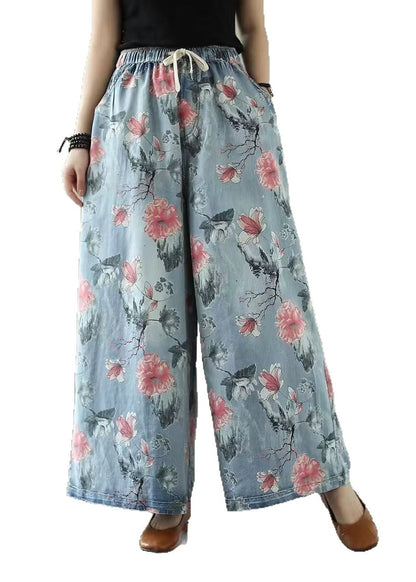 Oversized Print Denim Wide Leg Pants Summer