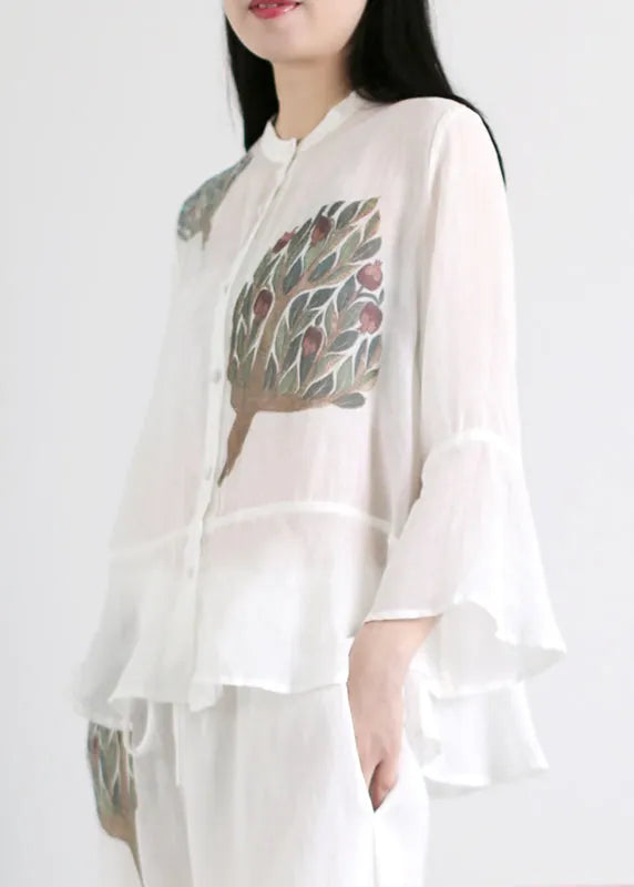Loose White Stand Collar Patchwork Linen Two Pieces Set Flare Sleeve