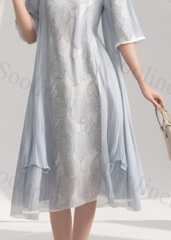 Light Blue O Neck Print Wrinkled Patchwork Silk Dress Summer
