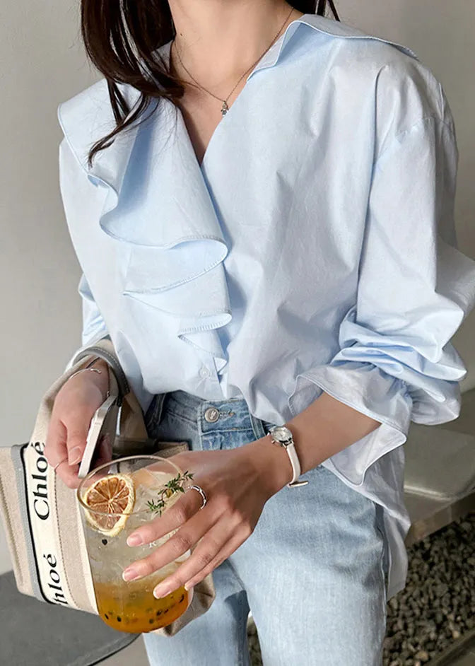 Sky Blue Asymmetrical Ruffles Cotton Shirt Fall