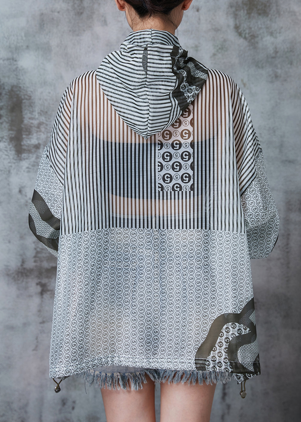 Grey Hooded Print Spandex Upf 50+ Coat Jacket Summer