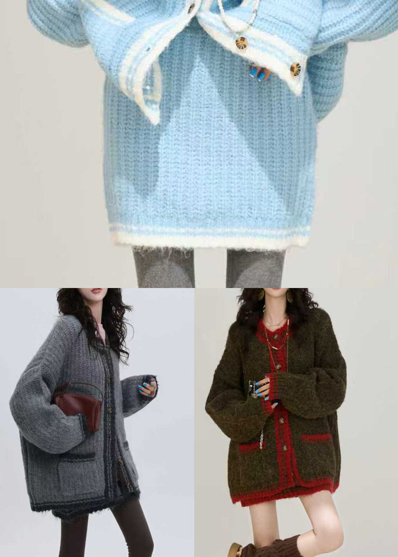 Brown Thick Pockets Knit Loose Two Pieces Set Winter