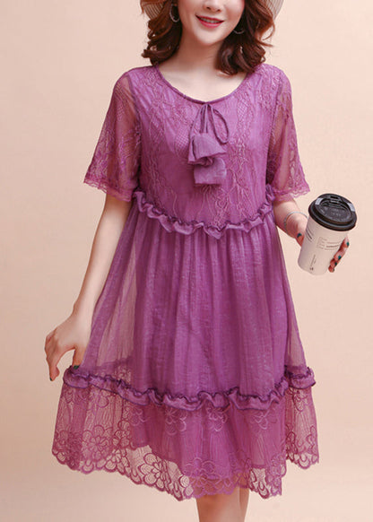 Diy Purple Ruffled Embroidered Silk Dress Summer