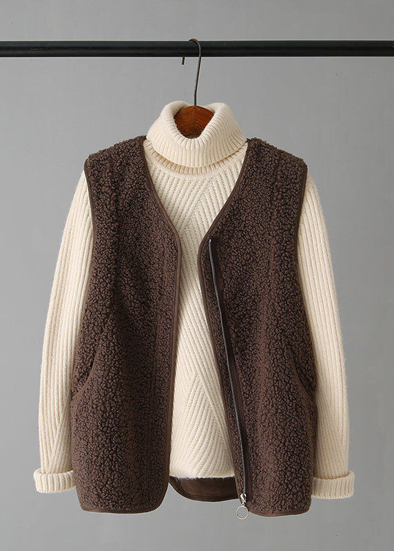 Coffee V Neck Zippered Faux Fur Waistcoat Fall