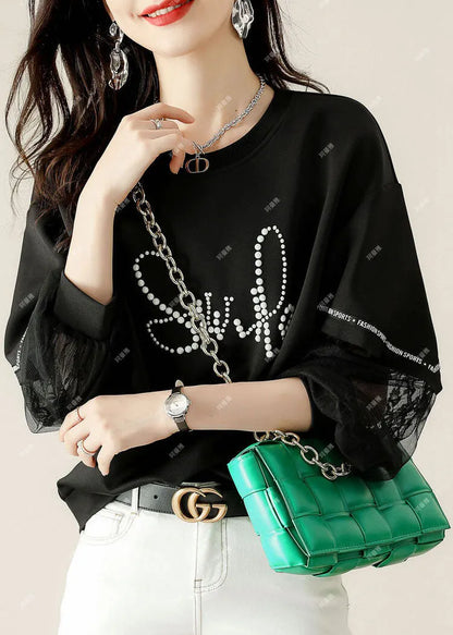 Black Tulle Print Cotton Loose Sweatshirt Spring