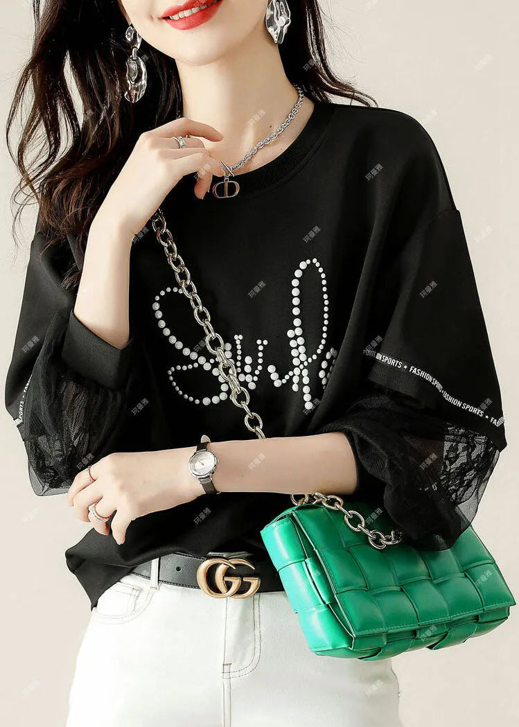 Black Tulle Print Cotton Loose Sweatshirt Spring