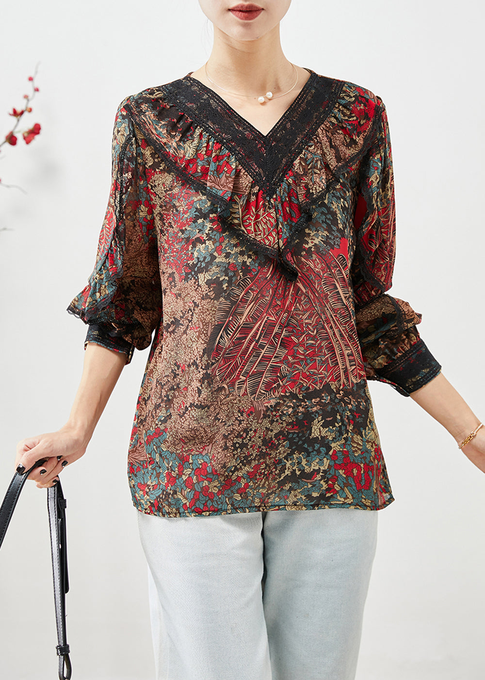 Red Ruffles Patchwork Print Chiffon Shirt Top Fall