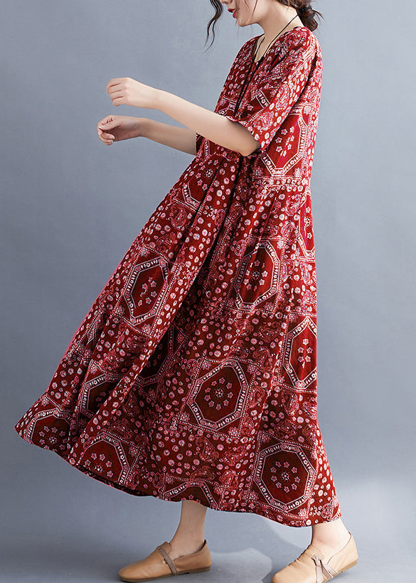 Red O Neck Print Pockets Cotton Long Dress Summer