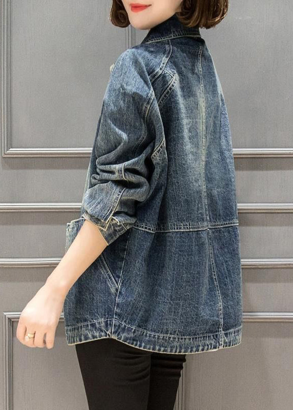Blue Peter Pan Collar Pockets Patchwork Denim Coats Fall