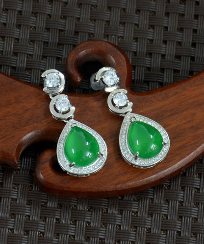 Green Sterling Silver Inlaid Zircon Chalcedony Water Drop Drop Earrings