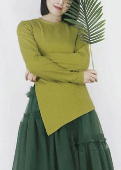 Slim Fit Green Color O-neck Asymmetrical Design Cotton Top Long Sleeve