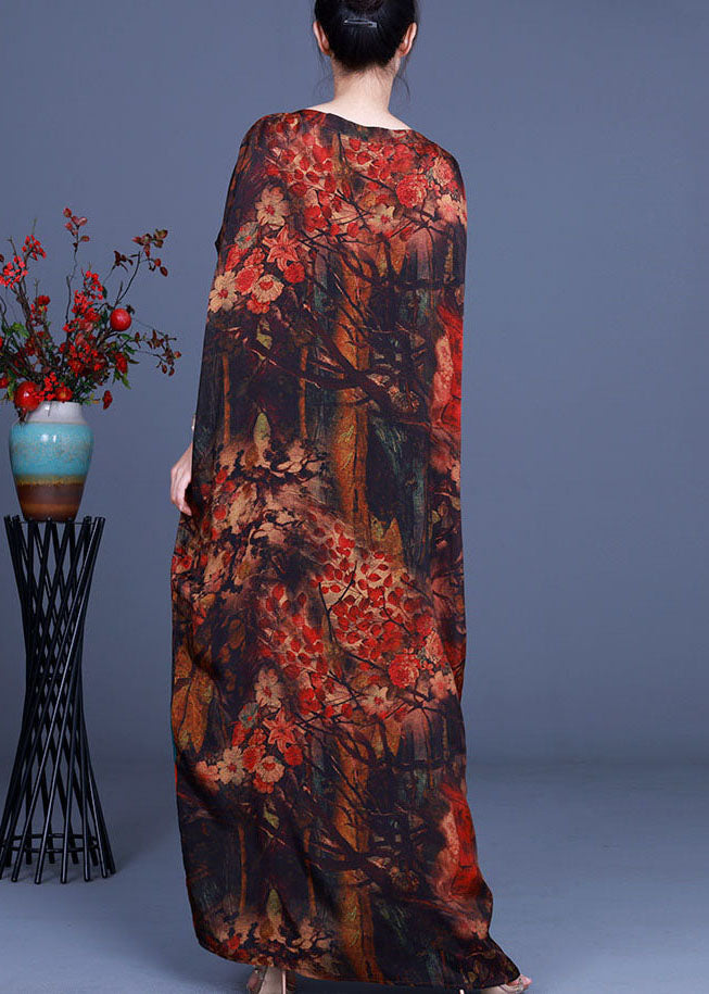 Orange Print Patchwork Asymmetrical Design Fall Maxi Dresses