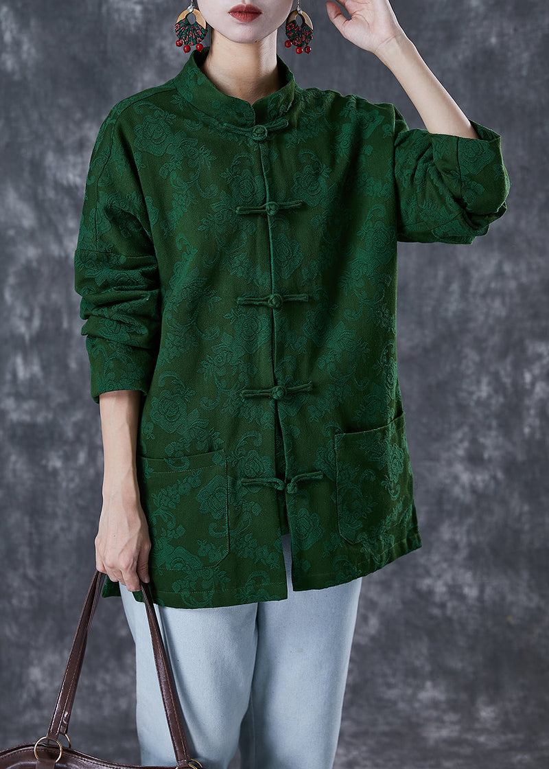 Green Jacquard Chinese Button Cotton Coats Fall