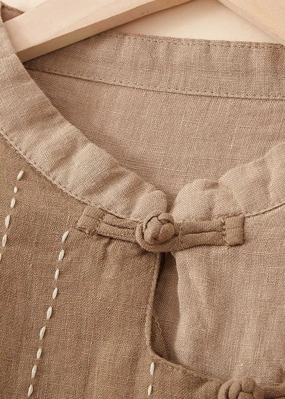 Yellow Stand Collar Patchwork Button Linen Top Bracelet Sleeve