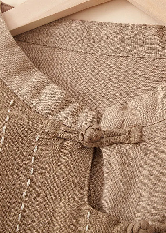Yellow Stand Collar Patchwork Button Linen Top Bracelet Sleeve