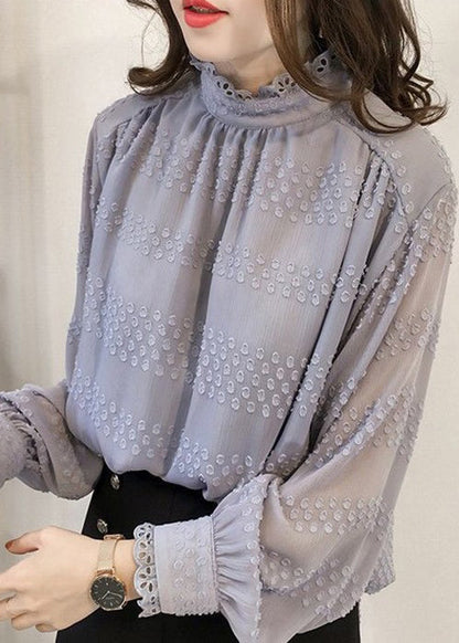 Purple Ruffled Button Chiffon Top Long Sleeve