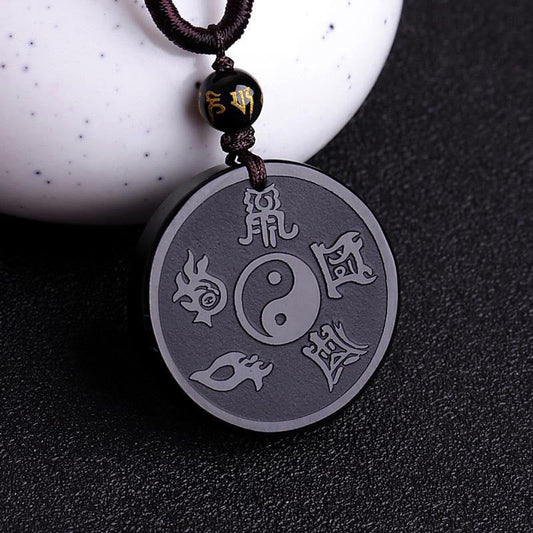 Buddha Stones Natural Black Obsidian Taoism Five Sacred Mountains Nine-character Mantra Carved Strength Yin Yang Necklace Pendant Key Chain