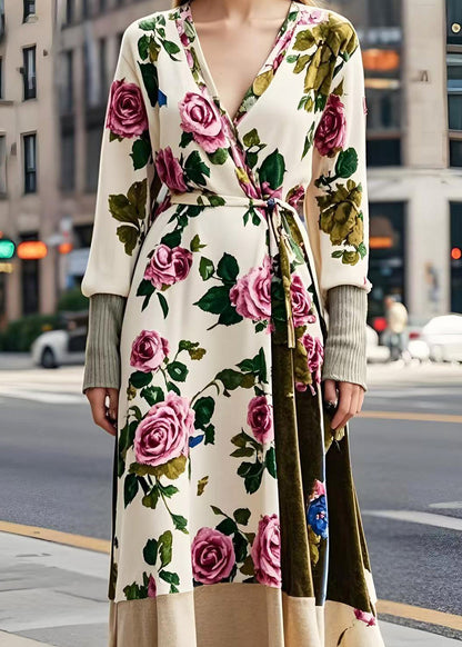 Apricot Tie Waist Silk Velour Long Dresses Spring