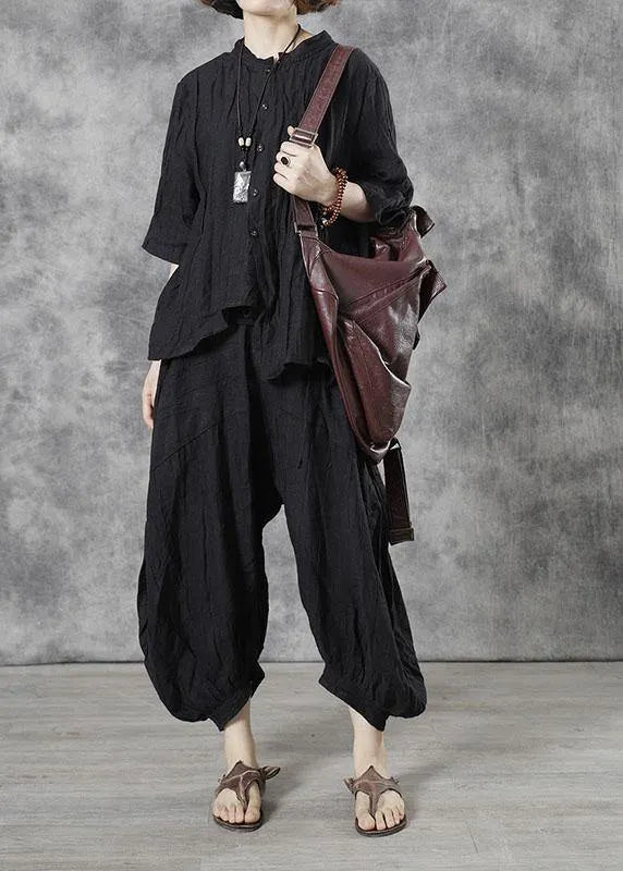 Style Chocolate Stand Button Asymmetrical Design Linen Fall Half Sleeve Two Pieces Set
