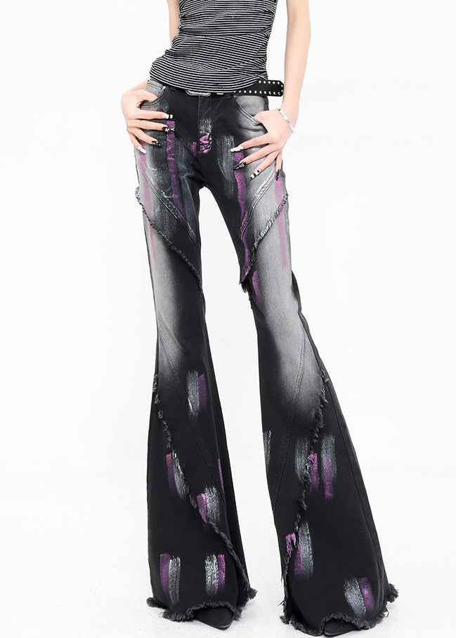 Black Graffiti Ruffled Patchwork Denim Flared Trousers Fall