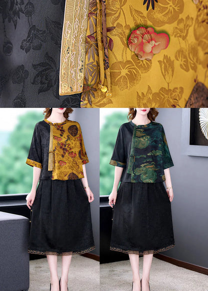 Yellow O-neck Print Button Tops Bracelet Sleeve