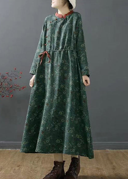 Green Stand Collar Print Patchwork Cotton Dress Fall