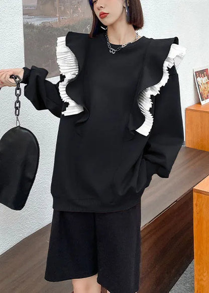Khaki O-neck Retro Ruffled Patchwork Fall Sweatshirt Street Wear