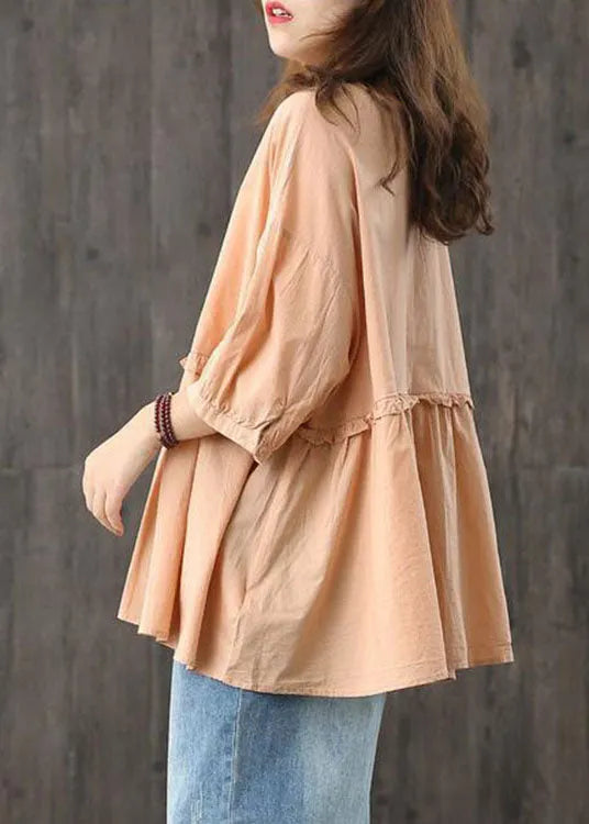 Modern Orange V Neck Button Patchwork Ruffled Fall Shirts Half Sleeve
