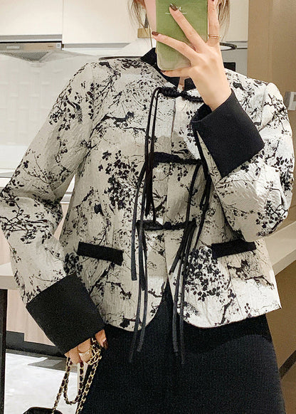 Chinese Style Black O-neck Button Cotton Coat Spring