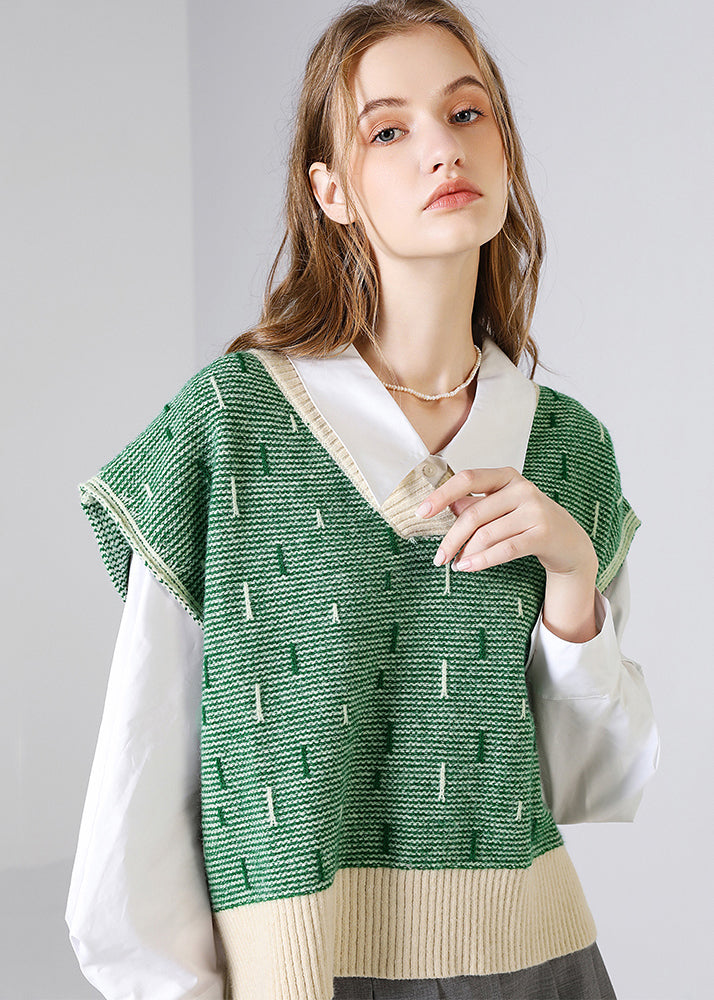 Green V Neck Patchwork Knit Tops Waistcoat Fall