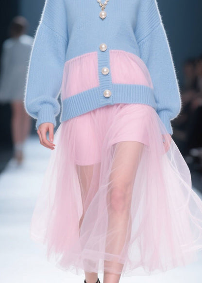 Blue O Neck Tulle Patchwork Knit Dress Fall