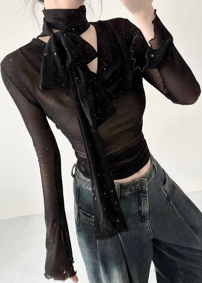 Slim Fit Black V Neck Tulle T Shirts Fall