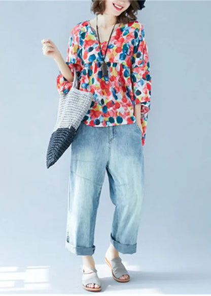 Flare Sleeve V Neck Patchwork Print Fall Blouse Tops