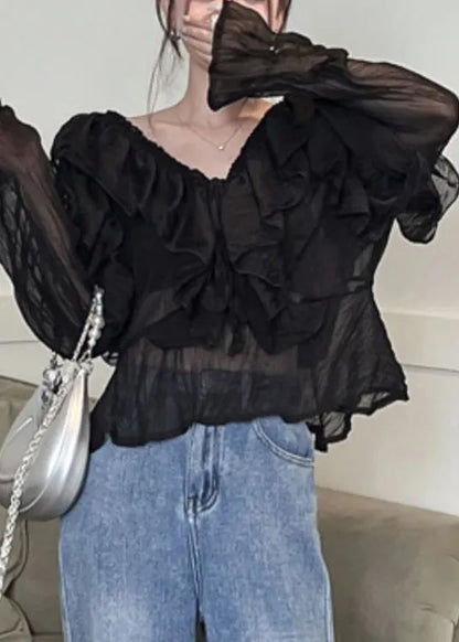 Black V Neck Ruffled Chiffon Shirts Long Sleeve