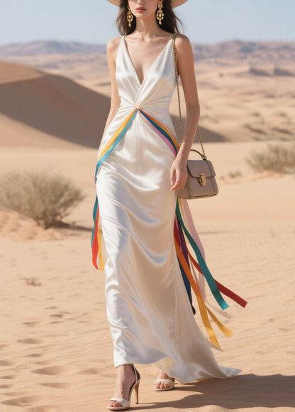 White Draping Patchwork Multicolour Ribbon Silk Party Dress Summer