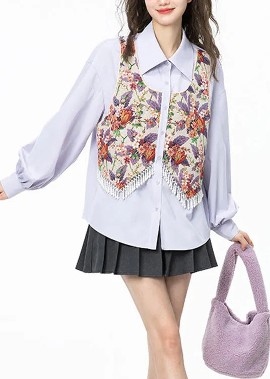 Jacquard Llight Purple Peter Pan Collar Print Tassel Button Shirt Puff Sleeve
