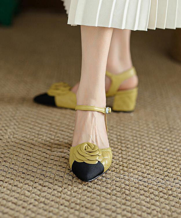Boutique Buckle Strap Splicing Chunky Sandals Yellow Cowhide Leather