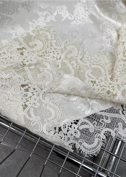 Handmade Beige O Neck Jacquard Lace Patchwork Silk Top Fall