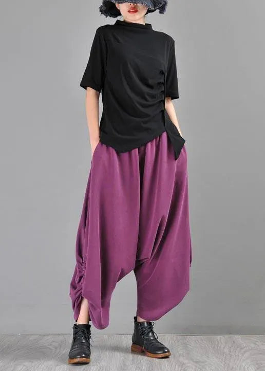 Classy Black High Neck Asymmetrical Design Cotton Tops Summer