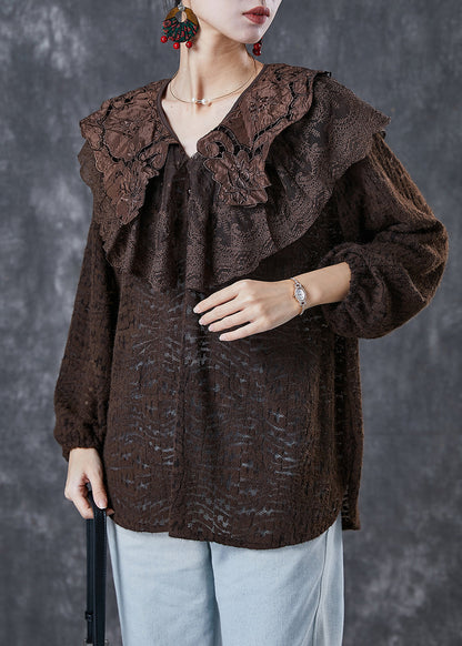 Chocolate Peter Pan Collar Hollow Out Lace Shirts Spring